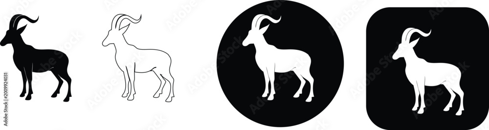 Fototapeta premium Four stylized representations of a gazelle: silhouette, outline, circle and square