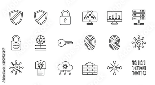 Photos Cyber Security Icons: Shield, Lock, Key, Fingerprint, Virus, Cloud, Firewall