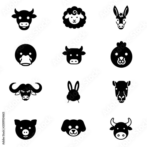 Farm Animal Face Solid Icons Set, Filled Vector Collection