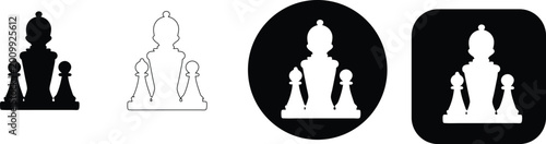 Fotografi Chess piece bishop and pawns, silhouette and outline game strategy