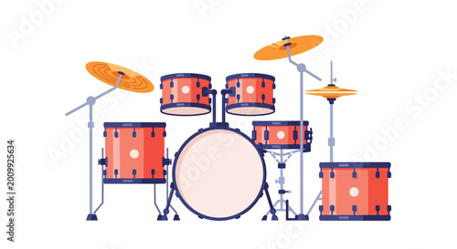 Professional Red Drum Set Illustration with Bass Drum Toms and Cymbals Isolated on White Background
