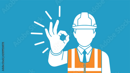 Silhouette of a construction worker in an orange safety vest and helmet giving an okay hand gesture against a solid blue background.