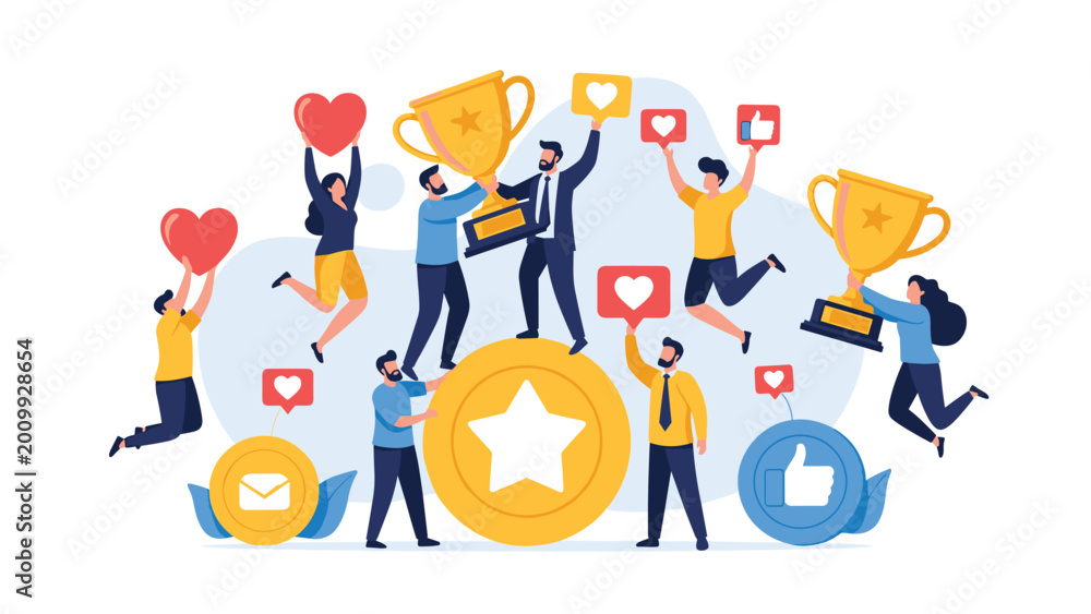 Fototapeta premium Successful team celebrating victory with golden trophies and social media icons for recognition and achievement.