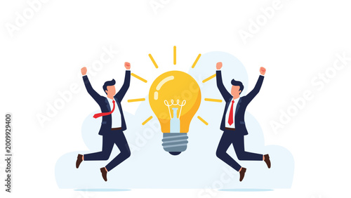 Two happy businessmen jumping in the air around a giant glowing light bulb against a cloudy blue sky for successful innovation ideas.