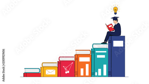 Graduate student in a cap and gown sitting on top of a tall stack of books reading with a light bulb idea above his head.