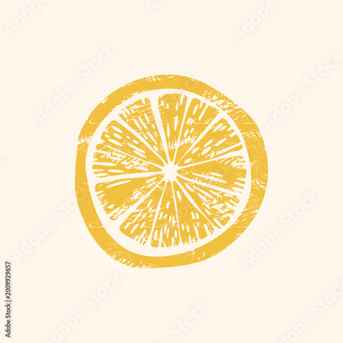 Single round lemon citrus slice in golden woodcut linocut style — bold textured stamp illustration isolated for organic label, minimal poster or amalfi coastal print