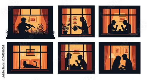 Various silhouettes of people and pets seen through illuminated apartment windows at night during their private domestic activities and routines.