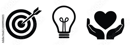 Business goal achievement vector icons, target with arrow, lightbulb idea, and hands holding heart symbols. Black and white graphic resources for strategy, innovation, and care concepts.