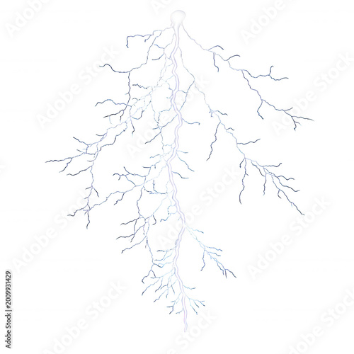 A bright white lightning bolt strike with intricate branching electrical discharge patterns isolated against a solid black background