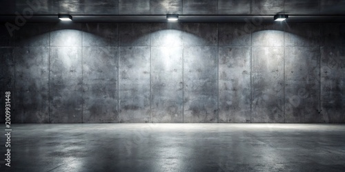 Dark industrial interior, concrete wall, spotlight, empty space, modern loft