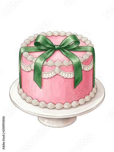 Pink cake with green bow on transparent background