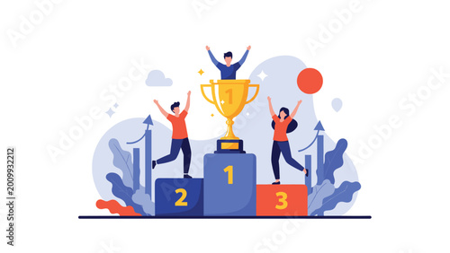 Three triumphant people standing on a colorful podium next to a large gold trophy and rising arrows to show competition and business success.
