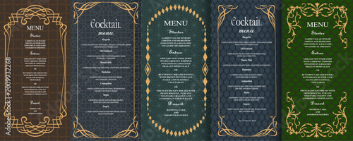 фотографія Elegant vintage menu templates set in Art Deco style with ornate gold frames and decorative patterns
