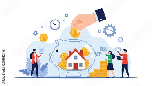 Financial planning for home ownership with people putting coins into a giant piggy bank containing a house model for mortgage savings.