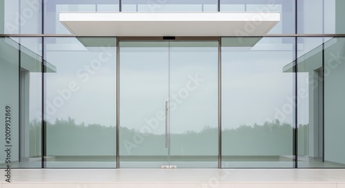 Modern glass building entrance with automatic doors reflecting trees and sky representing architecture and corporate entryways