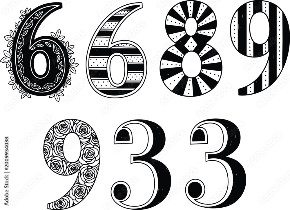 Fototapeta premium Collection of decorative, patterned, and ornamental number digits including six, eight, nine, and three for creative typography, graphic design, and artistic projects.