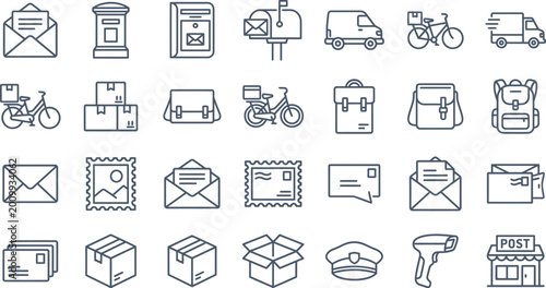Schilderij op canvas A comprehensive collection of thin line icons representing various logistics del
