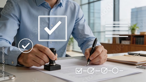 Businessman stamping and signing legal documents in modern office approval verification contract agreement corporate identity professional service compliance checklist paperwork