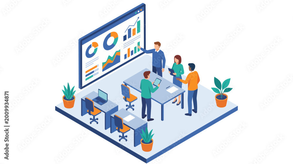Naklejka premium Business meeting with charts and graphs on screen.
