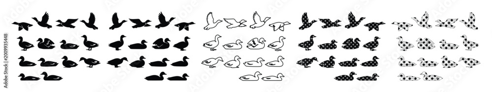 Fototapeta premium Flying Bird Silhouettes, a collection of diverse bird flight path vectors. Minimalist black and white avian icons, perfect for nature-themed designs, logos, and wildlife illustrations.