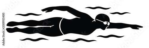 Photos Dynamic black silhouette of a swimmer in water, freestyle stroke, wearing goggles and swim cap