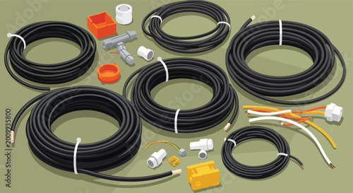 Coiled black electrical cables with assorted wiring accessories and connectors
