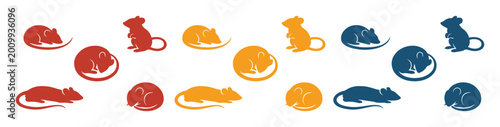 Foto Mouse vector icon set, 18 colorful rodent silhouettes in red, orange, and blue,