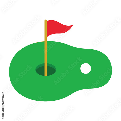 Photography Golf hole with red flag on green grass