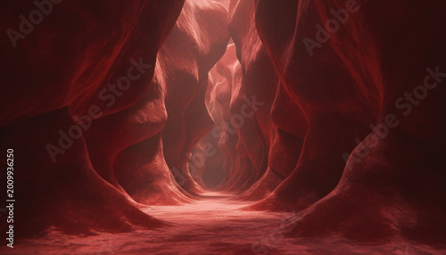 Abstract canyon red rock organic tunnel surreal landscape fantasy cave soft texture glowing light inner body velvet canyon 3d render Mysterious red rock passage forms organic tunnel like velvet