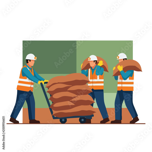 Three laborers in safety gear carry and transport brown sacks in a warehouse