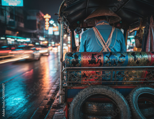 Tuk tuk night street urban rain reflection driver asia travel motion traffic colorful tuk tuk seat glows along wet urban night street as asian driver hat guides vehicle through rain reflection
