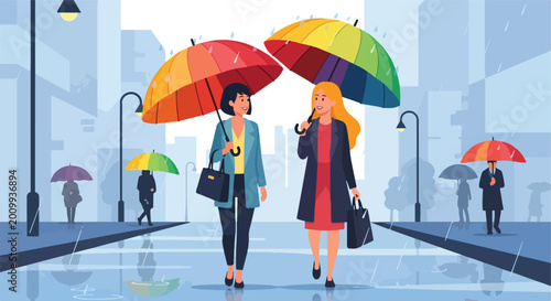 Two women walking through a rainy city street carrying colorful umbrellas