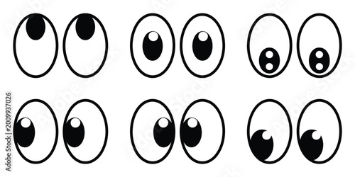 Fotografia Set of six cartoon eye pairs in black and white vector line art showing different gaze directions and expressive looks