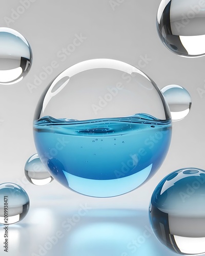 Crystal Clear Liquid Orbs and Bubbles in Minimalist 3D Space, Floating Glass Spheres with Rippling Blue Water and Bubbles 3D Illustration