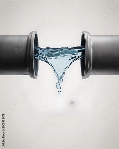 Disconnected Pipeline Symbolizing Water Scarcity and Resource Loss, Conceptual Water Leak Between Industrial Steel Pipes on Neutral Background
