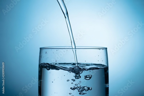Fresh Purified Water Pouring into a Glass on a Blue Background, Close-up of Healthy Drinking Water Pouring for Hydration Concept