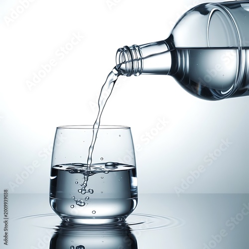 Fresh Mineral Water Pouring from Bottle into Clear Glass on White Background