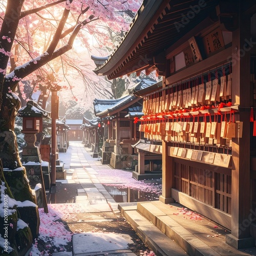 Wooden Ema Prayer Plaques at Japanese Shinto Shrine in Spring Snow