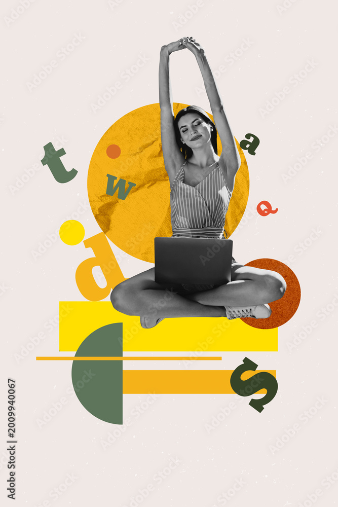 Fototapeta premium Vertical zine photo collage of happy girl guy student library academic book stack education learner letters vocabulary encyclopedia