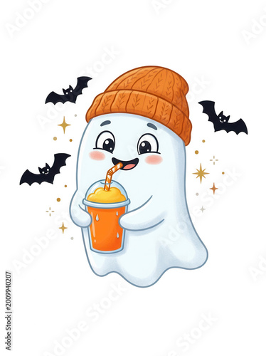 Cute ghost in orange hat drinking juice with transparent background