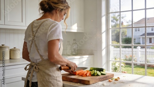 Woman in apron chopping fresh carrots and cucumbers on wooden cutting board in bright white kitchen with natural sunlight streaming through window healthy lifestyle cooking at