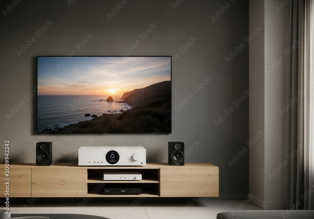 Fototapeta premium Modern living room interior features a flat screen television mounted above a wooden media console with audio equipment.