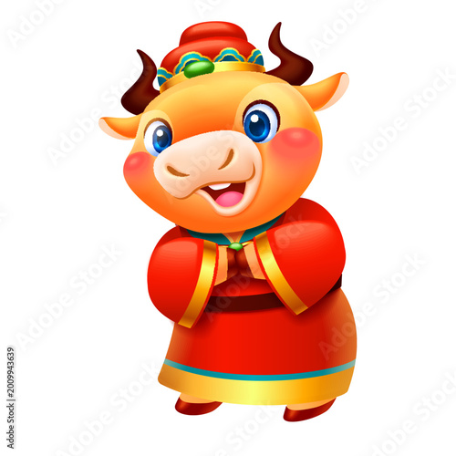 Fotografie 3d greeting Chinese zodiac ox in traditional fortune of God costume