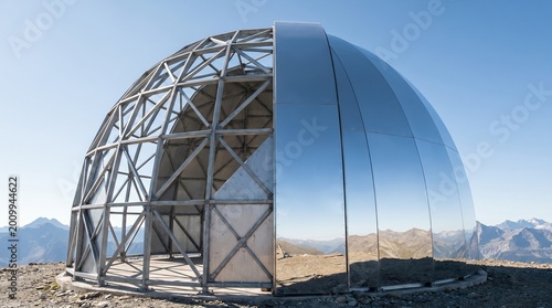 Geodesic dome construction showing internal framework and mirrored exterior cladding.