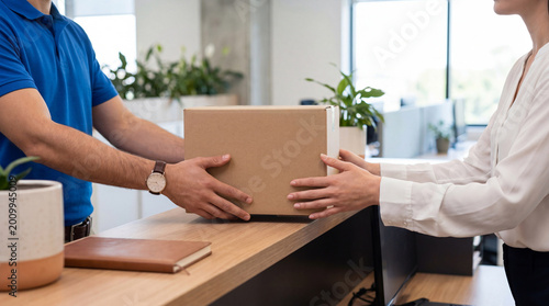 Photos Delivery man in uniform handing over a cardboard parcel to a female customer at an office reception desk