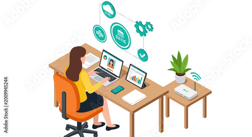 A woman working remotely at her desk using a laptop with digital interface icons.
