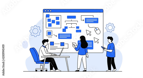 A team of professionals collaborating on software development and website design.