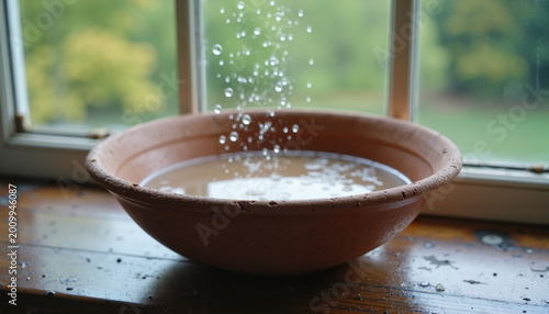 Water droplets splashing in a terracotta bowl by the window