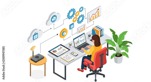 Isometric illustration of a female software developer working at a modern office desk with cloud computing icons.