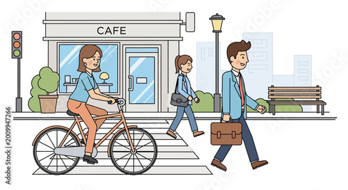 People commuting in a city street scene with a cyclist and pedestrians.